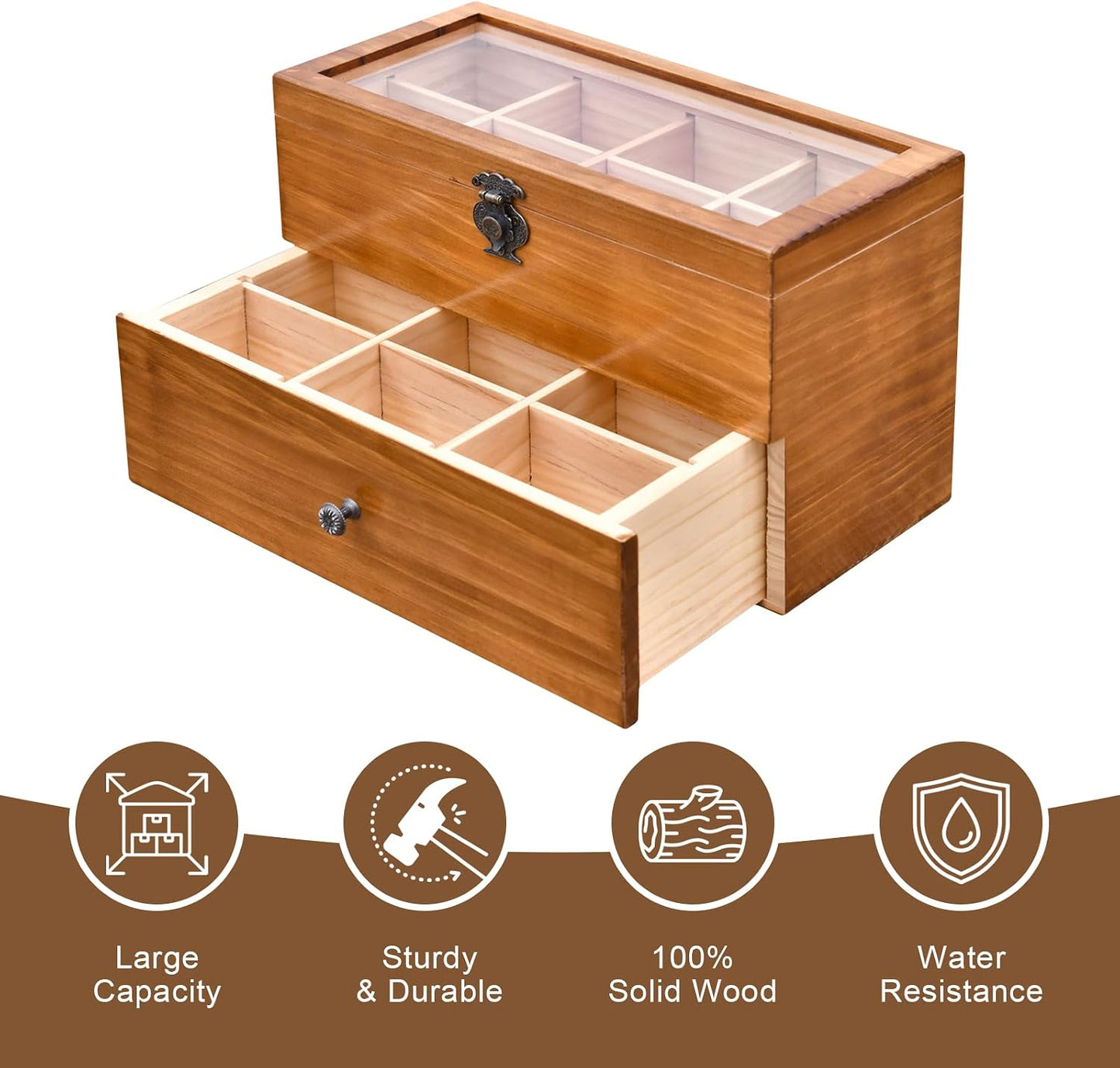 WELLAND Wood Tea Bag Organizer, Storage Box with Clear Acrylic Window, 2-layer 14 Compartments Large Capacity Tea Bag Holders, Gift Idea