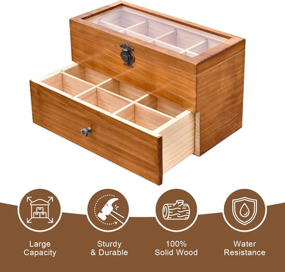 WELLAND Wood Tea Bag Organizer, Storage Box with Clear Acrylic Window, 2-layer 14 Compartments Large Capacity Tea Bag Holders, Gift Idea