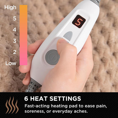 Brookstone Herringbone Portable Heating Pad - Super Soft Plush, 6 Heat Settings, Machine Washable, Easy-to-Use Controller, 16'' x 12'' for Pain Relief, Period Cramps, Warmth (Gray)