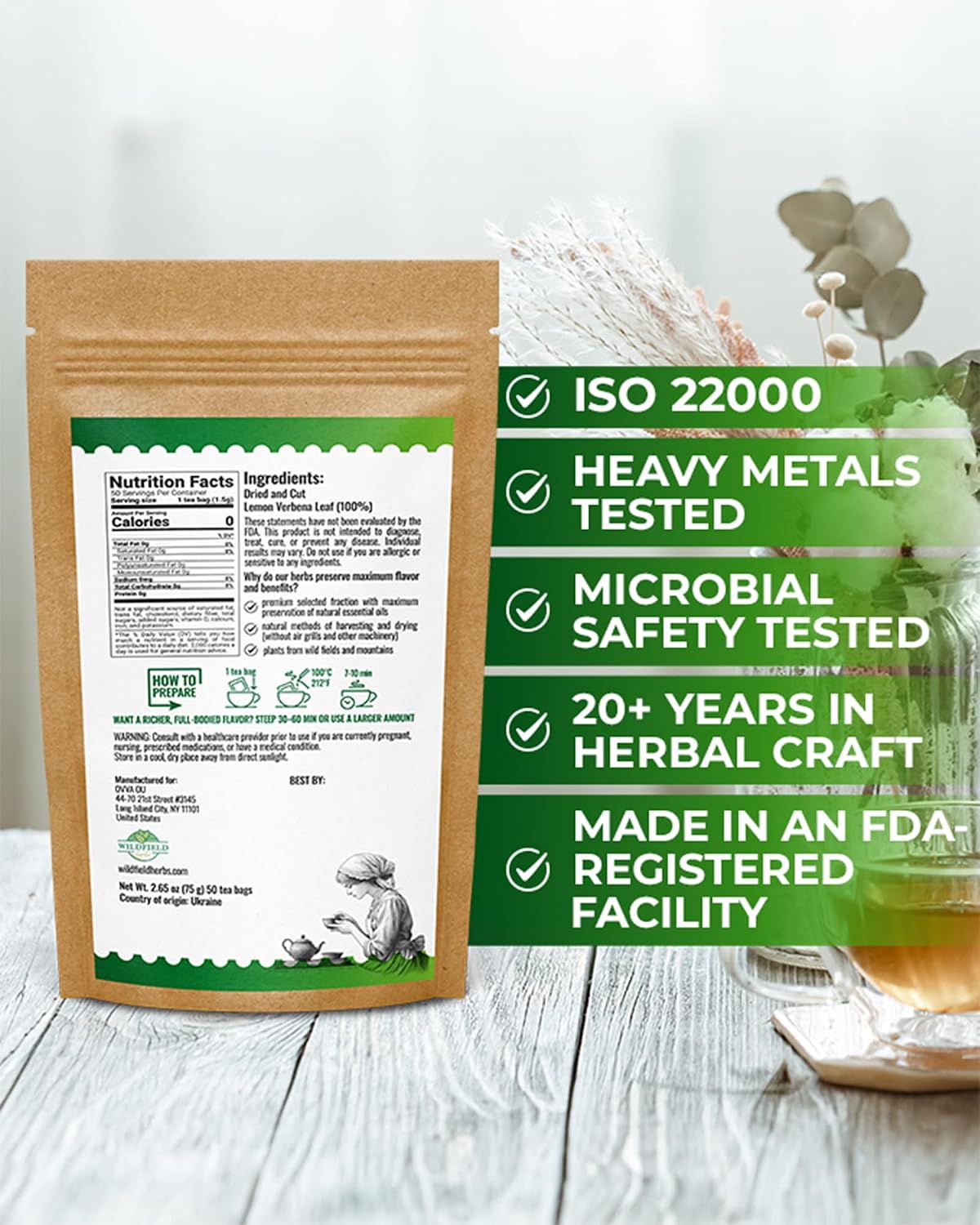 50 Bags Lemon Verbena Tea Dried Cut Leaves Herb Cedron (Aloysia Citrodora) - 50 Count 1.5g Tea Bags Verbena De Limón