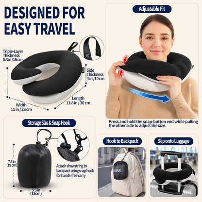 BUYUE Travel Neck Pillows for Airplanes, Memory Foam 360° Head Support Sleep for Long Flight, Skin-Friendly & Breathable, Kit with Eye Mask, Earplugs and Storage Bag (Adult, Grey, 90+ lbs)