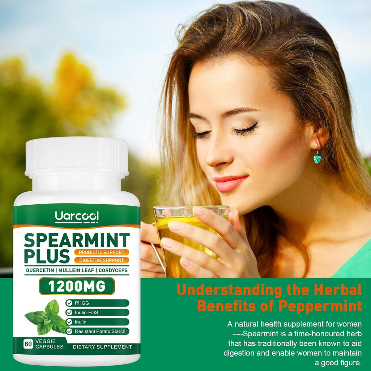 Spearmint Plus Supplement 1200mg - for Digestive, Skin and Stomach Health, Alternative Spearmint Tea- USA Made & Tested - 60 Softgels