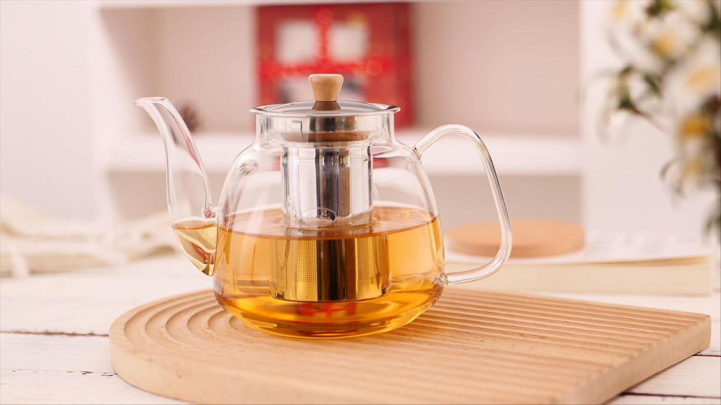 CNGLASS Glass Teapot with Infuser,31oz Clear Glass Tea Kettle with Removable Stainless Steel Strainer,Stovetop Safe Glass Teapot for Blooming and Loose Leaf Tea…