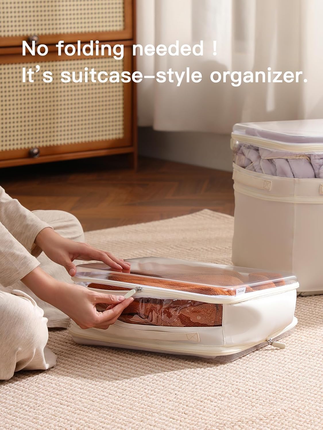 CoiiJoii 3 Pack Sheet Organizers And Storage, Double Side Clear Hard Shell Window. Expandable Blanket Storage Bags, Large Stackable Closet Storage Bins.