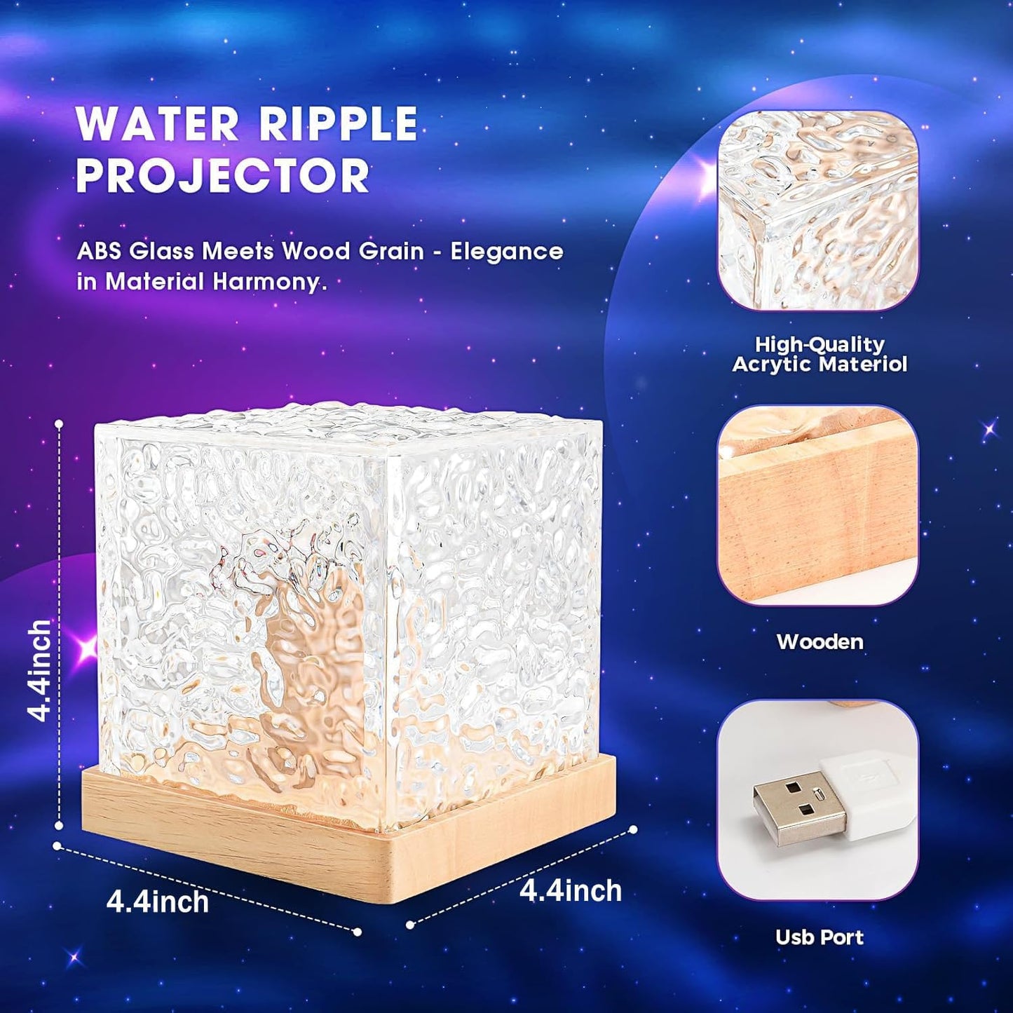 Ocean Wave Projector Light, 16-Color Luminorthe Cube Lamp and App Remote, 3D Holographic Water Ripple Romantic Ambient Lighting for Child's Room, Party, Night Light-4.4inch (Blue)