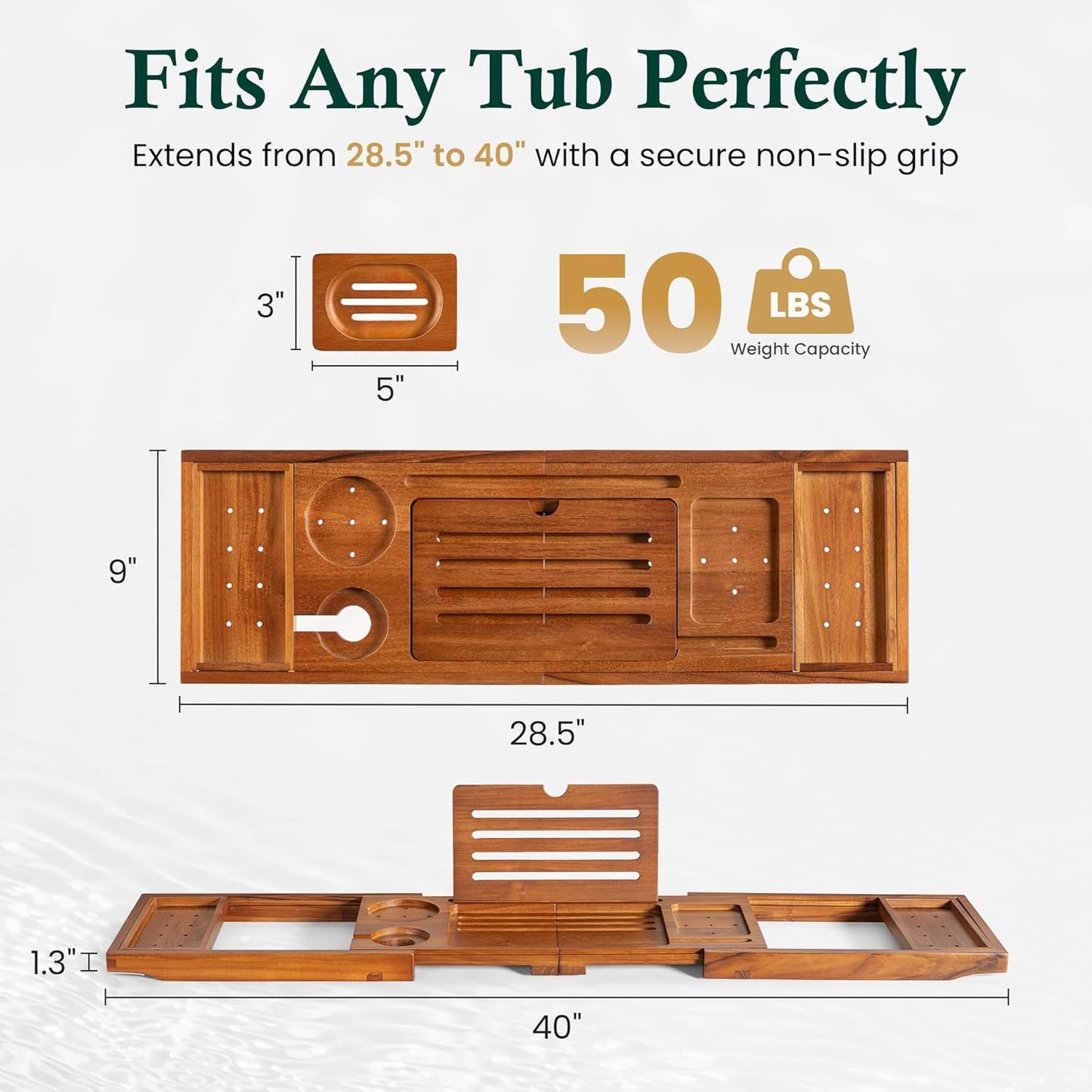 Bamboo Bathtub Tray, Bath Caddy with Wine Glass Holder, Phone Dock & Book Stand | Hands-Free Reading & Ultimate Spa Relaxation Experience-Brown