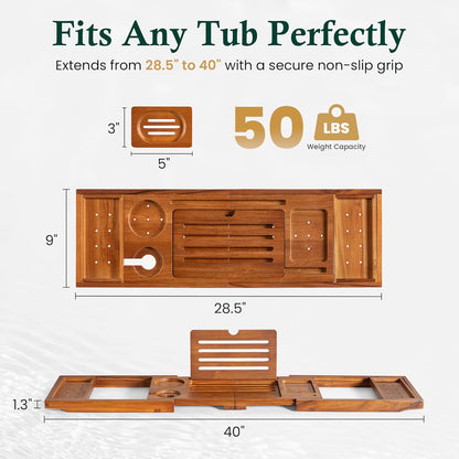 Bamboo Bathtub Tray, Bath Caddy with Wine Glass Holder, Phone Dock & Book Stand | Hands-Free Reading & Ultimate Spa Relaxation Experience-Brown