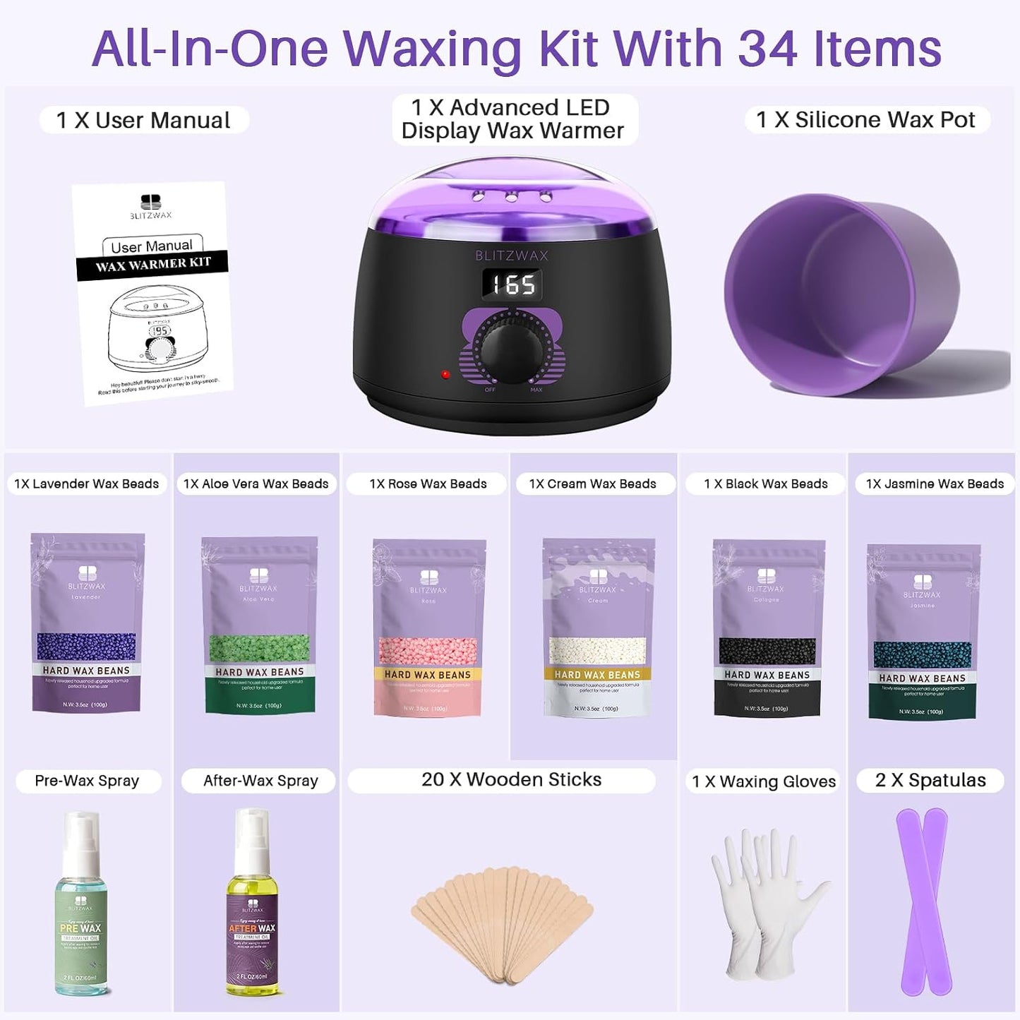 BLITZWAX Brazilian and Bikini Waxing Kit for Women, Hard Wax Warmer for Face, Legs and Body, At Home Hair Removal Kit, Beginner Friendly, Digital Fast Heating, 51 Wax Items