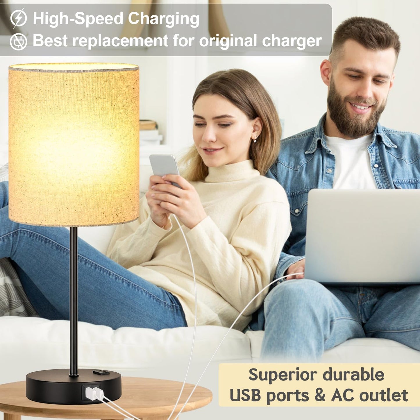 Set of 2 Touch Control Table Lamps with 2 USB & AC Outlet, 3-Way Dimmable Bedside Nightstand Lamps for Bedroom Living Room Nursery, 800 Lumens 5000K Daylight Bulbs Included