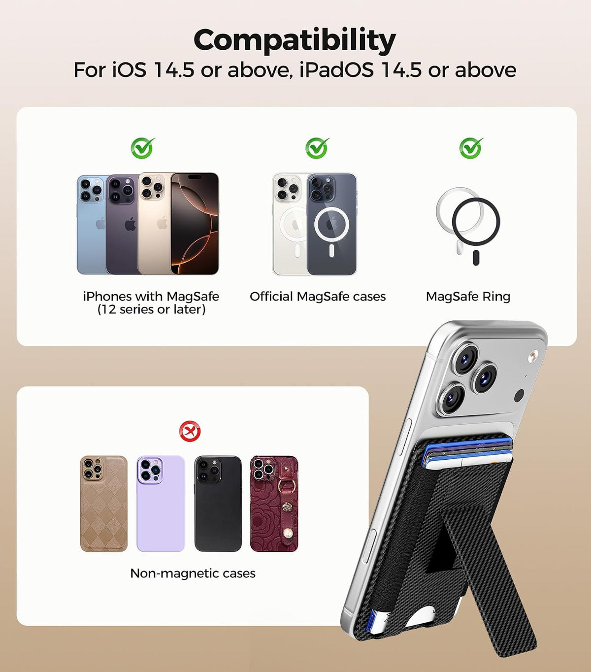 for MagSafe Wallet, Works with Apple Find My, 5-Card RFID Holder with Stand Also Grip, Strong Magnetic Wallet for iPhone 17/16/15/14/13/12 Pro Max Air Plus, Wireless Charging, Black