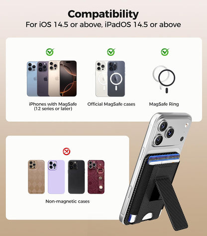 for MagSafe Wallet, Works with Apple Find My, 5-Card RFID Holder with Stand Also Grip, Strong Magnetic Wallet for iPhone 17/16/15/14/13/12 Pro Max Air Plus, Wireless Charging, Black