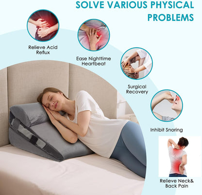 3Pcs Wedge Pillow Set for After Surgery,Acid Reflux Relief, Adjustable Bed Wedge Pillows for Sleeping,Anti Snore, Memory Foam Triangle Pillow for Back&Neck&Shoulder Pain Relief, White&Grey