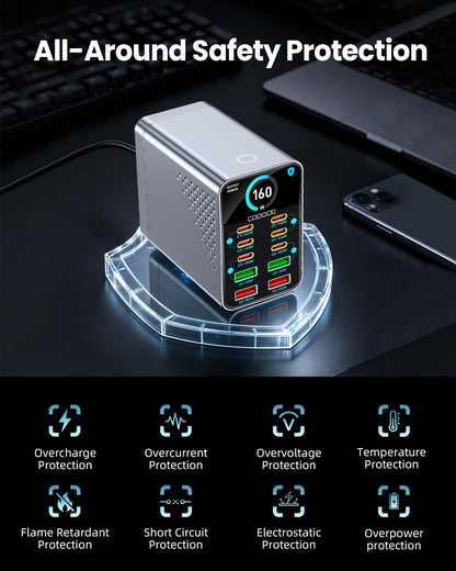 160W Max 10-Port GaN USB C Charger Block, for MacBook Pro, Laptop Charger