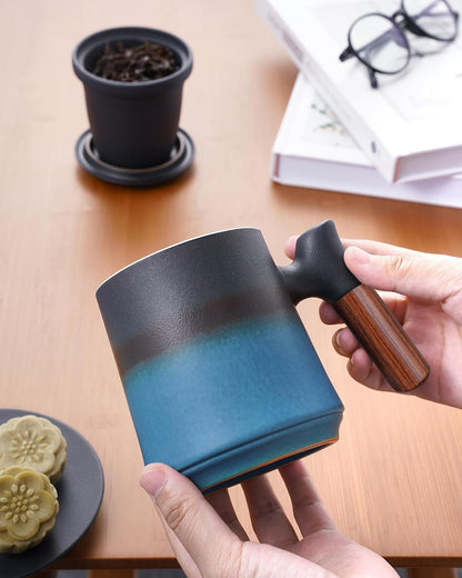 ZENS Embossed Ceramic Tea Mug with Infuser and Lid, 14.5 oz Wooden Handle, Loose Leaf Tea Steeper Cup & Strainer for Tea Lovers Gifts