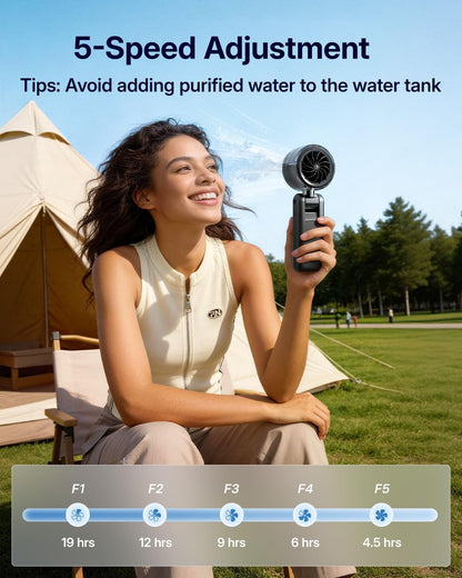Misting Fan Portable - Handheld Turbo Fan with Cool Mist Spray, 4000mAh Rechargeable, 5 Speeds, Personal Foldable Water Mister for Summer Travel, Beach & Outdoor Essentials - Black