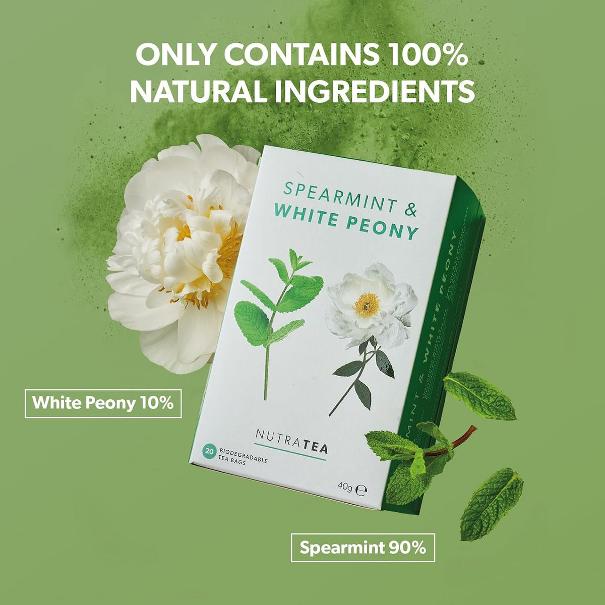 Nutra Tea - Spearmint & White Peony – Spearmint Tea, PCOS Tea - For Digestion, Women's Health & Acne - 20 Individually Wrapped Bags - Herbal Infusion (1 Pack)