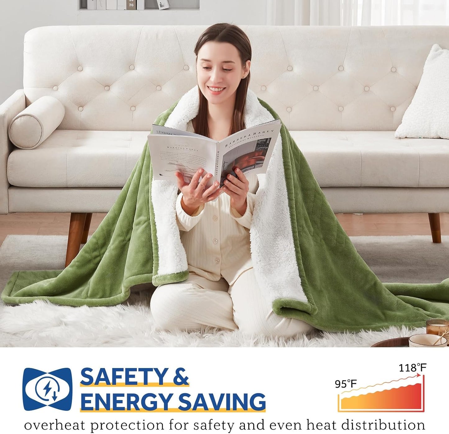 Sealy Electric Throw Blanket, Flannel & Sherpa Heated Throw with 6 Heating Levels & 2-10 Hours Auto Shut Off, Fast Heating & Machine Washable, 50x60 Inch, Light Grey