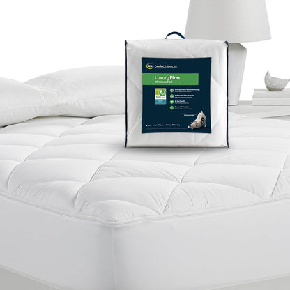 Serta Luxury Firm 100% Cotton Quilted Mattress Pad with Cooling Fiber Fill, King, White