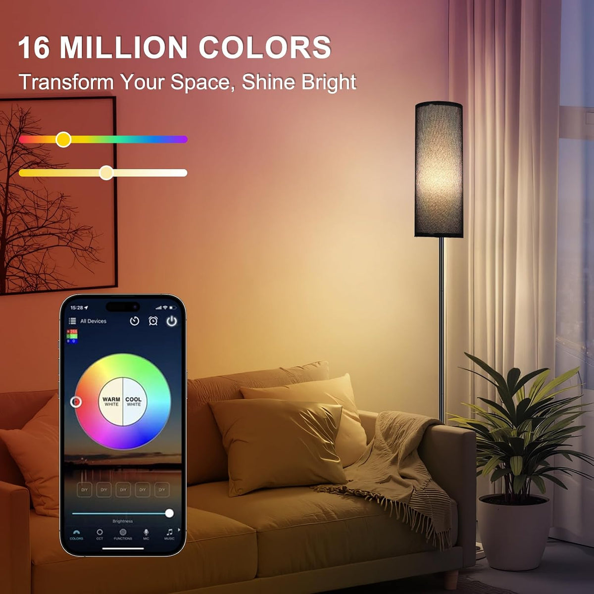 FRIDEKO HOME Floor Lamp, 9W 800LM Color Changing Smart Bulb, Beige Shade