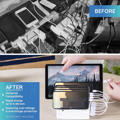 Fast Charging Station for Multiple Devices, 6-Port USB Charging Dock White