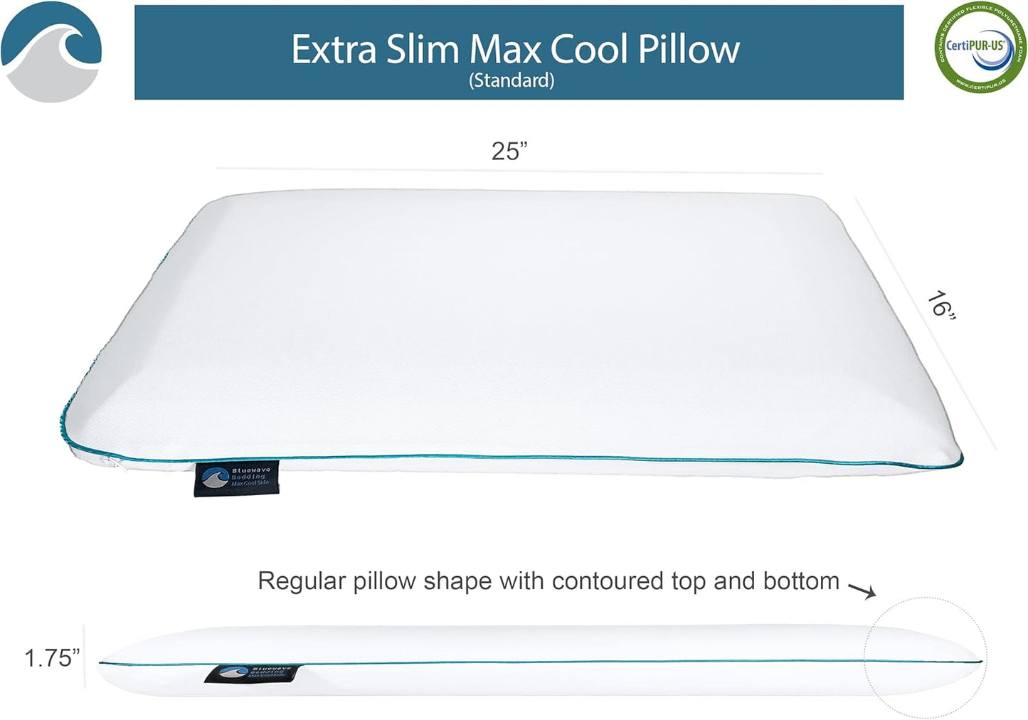 Bluewave Bedding Ultra Slim Max Cool CarbonBlue Gel Memory Foam Pillow for Stomach and Back Sleepers - Thin, Flat Design with Advanced Cooling (2.75-Inch Height, Standard Size)