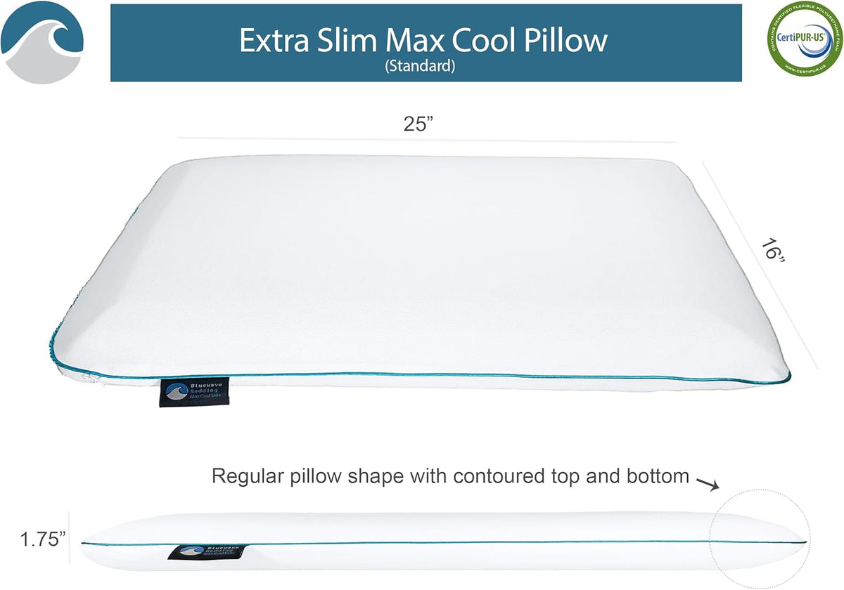 Bluewave Bedding Ultra Slim Max Cool CarbonBlue Gel Memory Foam Pillow for Stomach and Back Sleepers - Thin, Flat Design with Advanced Cooling (2.75-Inch Height, Standard Size)