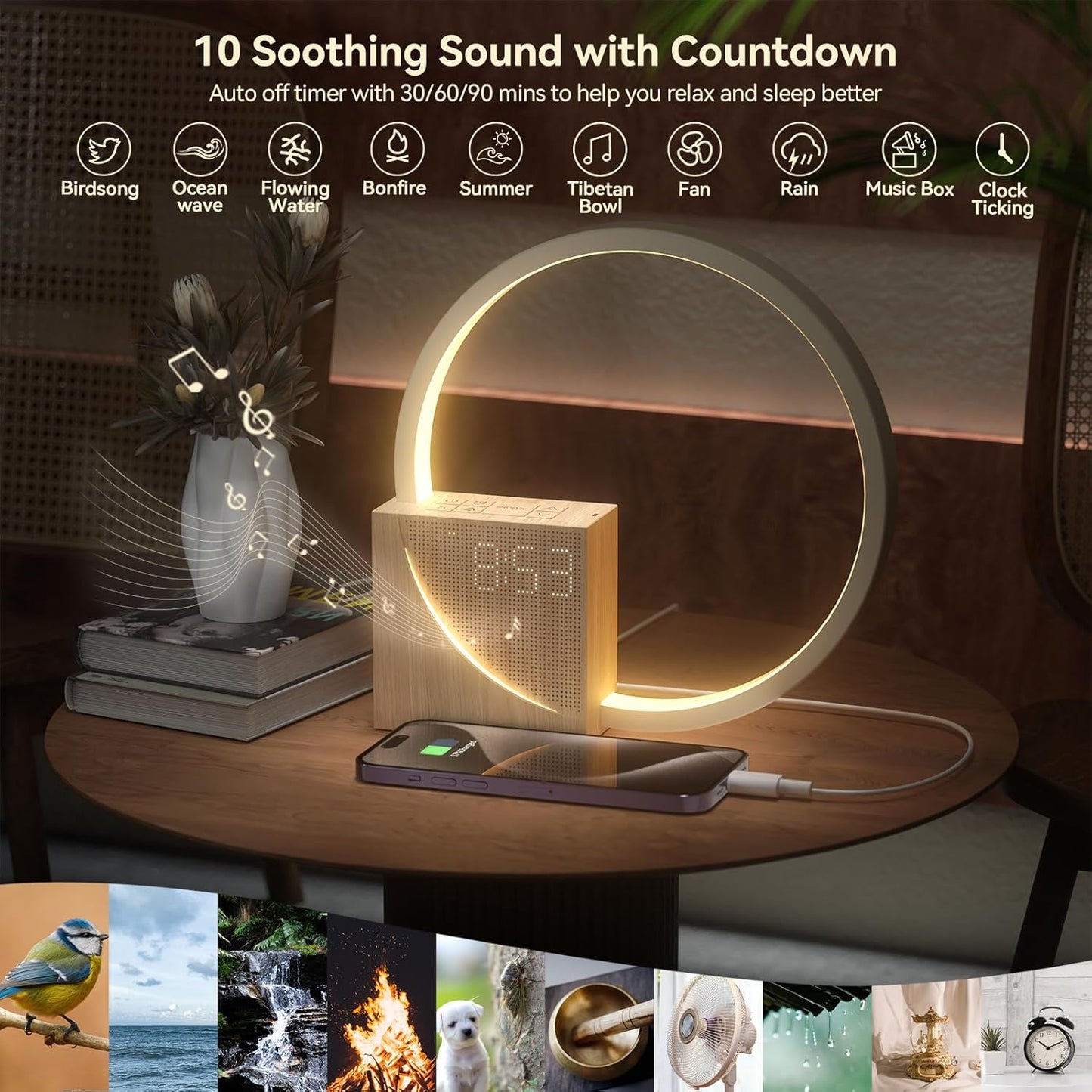 Vivilumens Sunrise Alarm Clock Sound Machine Nightlight, Gradual Wake Up Light, Digital Dimmable Clock, 10 White Noise Sleep Sounds, Snooze, Dual Clocks for Heavy Sleeper Adult, Decor Gifts for Women