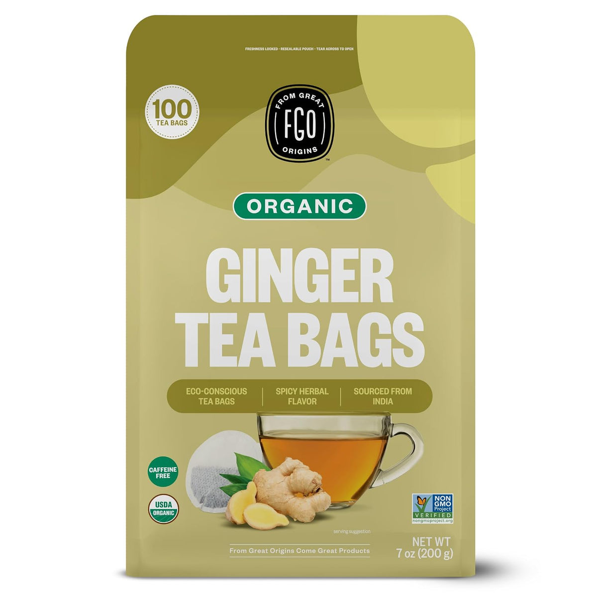 FGO Organic Ginger Tea, 100 Count, Eco-Conscious Tea Bags, Resealable Bag, Packaging May Vary (Pack of 1)