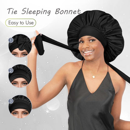 BONNET QUEEN Silk Bonnet for Sleeping for Women Satin Bonnet Night Cap for Curly Hair with Tie Band, Single Layer, Cream Pink