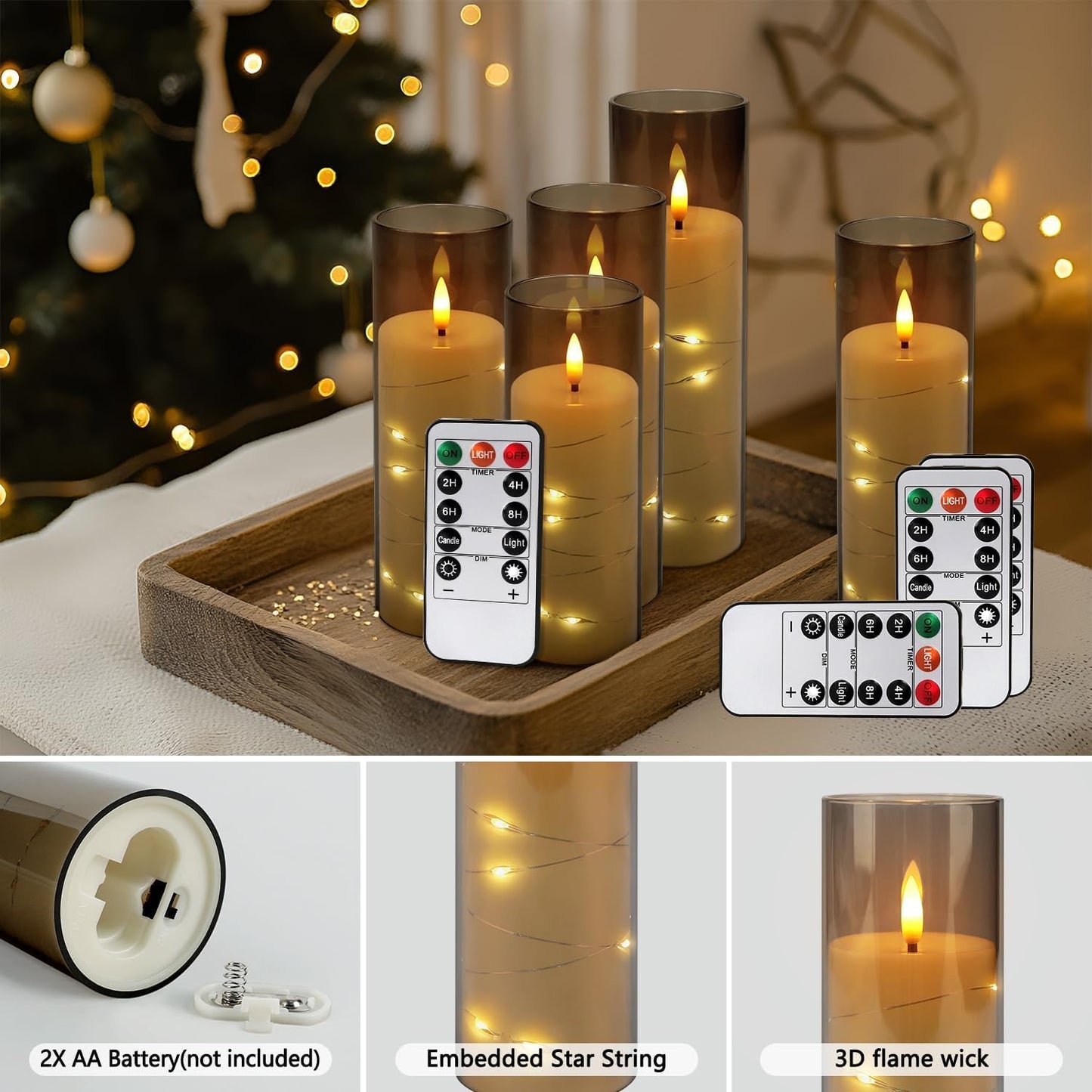 24 Pcs LED Flameless Candles with Remote, 3D Flickering Flame & LED String Lights, Acrylic Clear Cylinder, Timer Function, Romantic Ambience for Home Decor, Party, Wedding (Ivory).