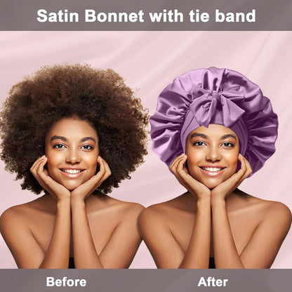 2Pcs Silk Hair Satin Bonnet for Sleeping Women,Large Satin Sleep Bonnets for Women with Elastic Tie Band Silk Hair Wrap with Ajustable Straps,Night Sleep Cap for Curly Braids,Black+Rose Gold