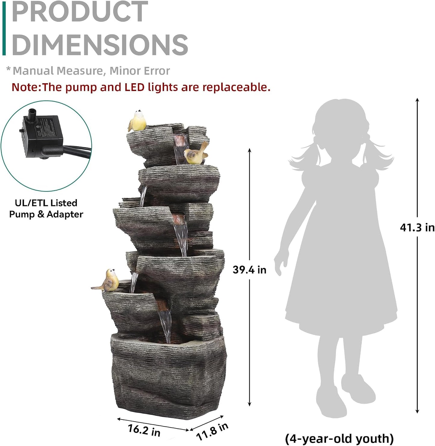 19.5" H 4-Tier Indoor & Outdoor Water Fountain with LED Lights | Resin Pebble Textured Tabletop Cascading Water Feature, Relaxing Decor for Patio, Porch, Deck, Yard & Home