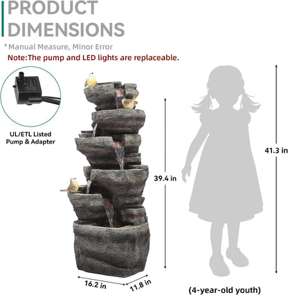 19.5" H 4-Tier Indoor & Outdoor Water Fountain with LED Lights | Resin Pebble Textured Tabletop Cascading Water Feature, Relaxing Decor for Patio, Porch, Deck, Yard & Home