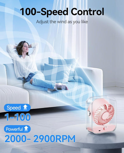 KIMMOO Rechargeable USB Desk Fan, Quiet Table Fan with Turbo Airflow, 100 Speeds, Digital Display, 90° Rotating, Small Battery Desktop Fans for Bedroom Home Office Travel, Black