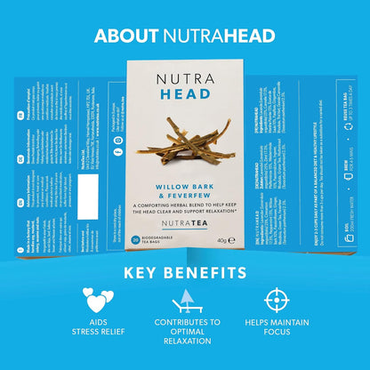 NUTRAHEAD - Migraine Relief Tea | Headache Relief Tea - For Migraine & Tension Headache Relief - Includes Feverfew, Willow Bark & Rhodiola - 20 Enveloped Tea Bags - by Nutra Tea - Herbal Tea