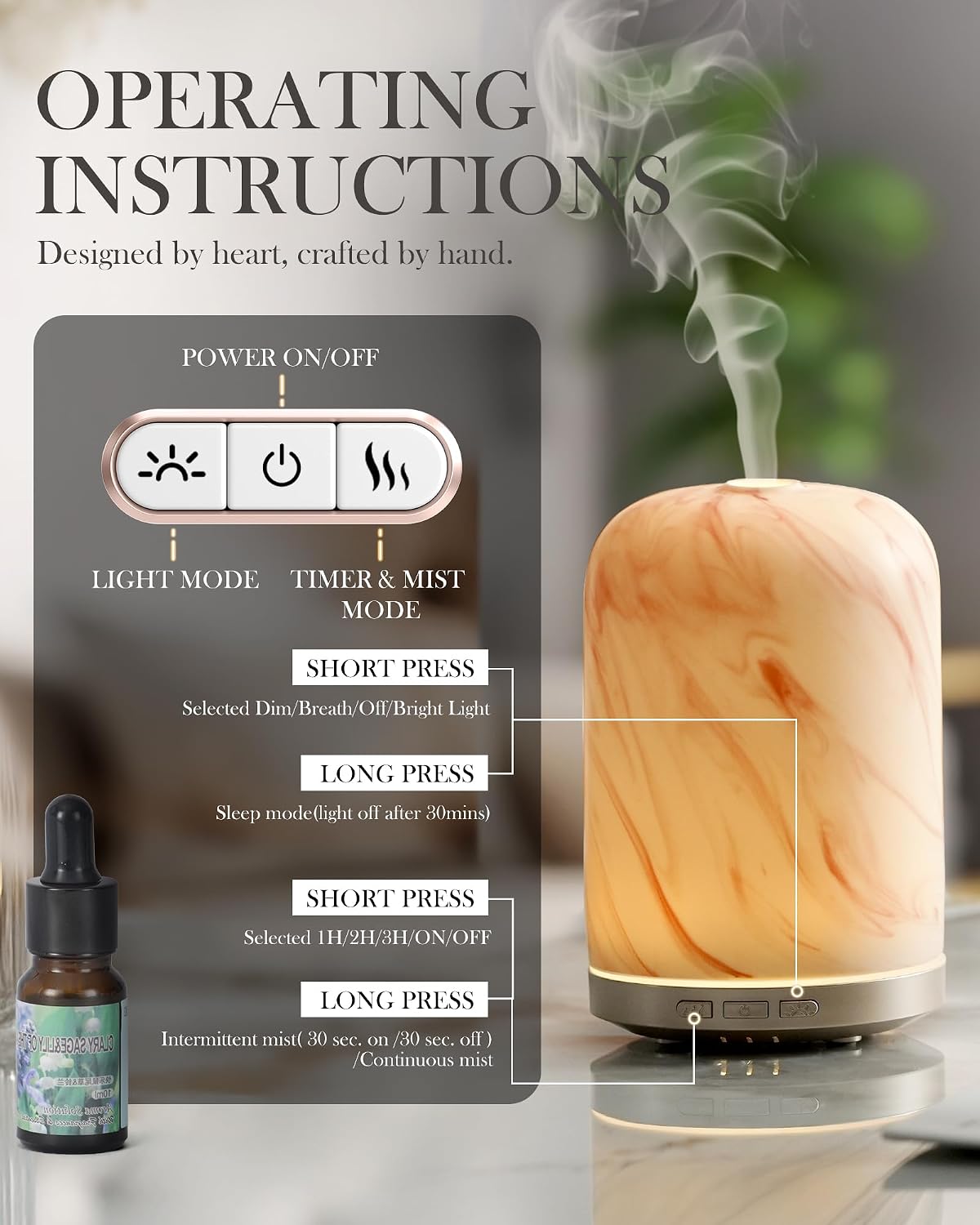 Essential Oil Diffuser - 2.4MHz Ultrasonic Glass Diffuser with Pulse/Continuous Mist & Night Light, Waterless Auto-Off, Silent Aromatherapy Diffuser for Home, Office, Yoga, Spa, Gifts & Home Decor.