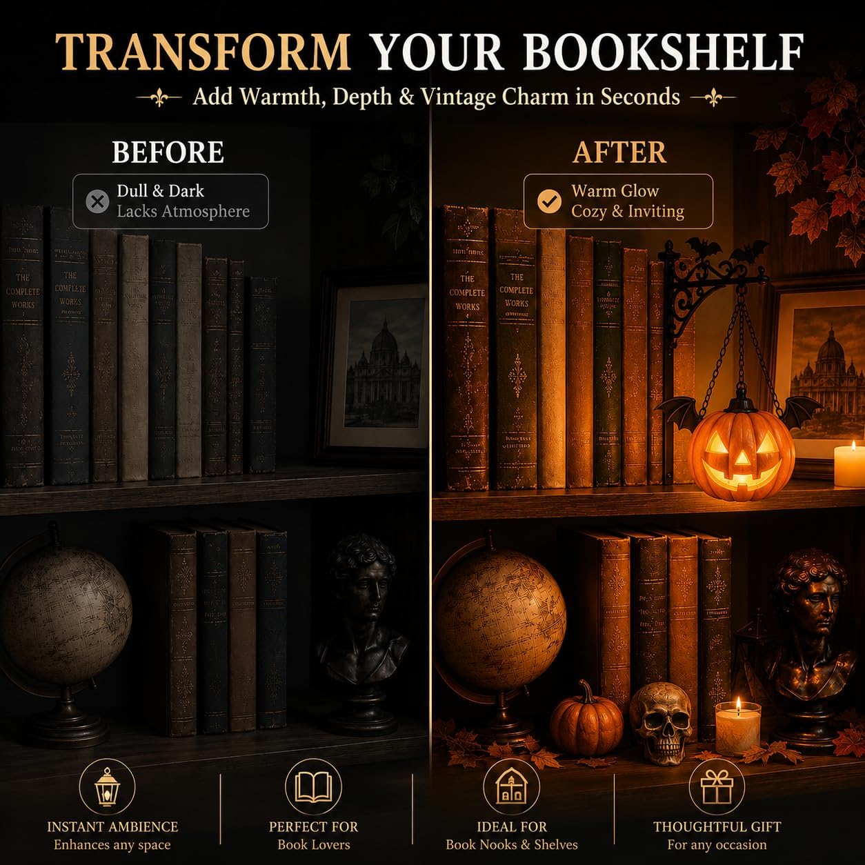 Library Lantern-Decorative Bookshelf Lighting, Mini Bookshelf Lamp Slides Between Books, Warm Amber LED Bookshelf Lights for Book Nook, Shelf Decor Gift for Book Lovers(Reading Ghost)