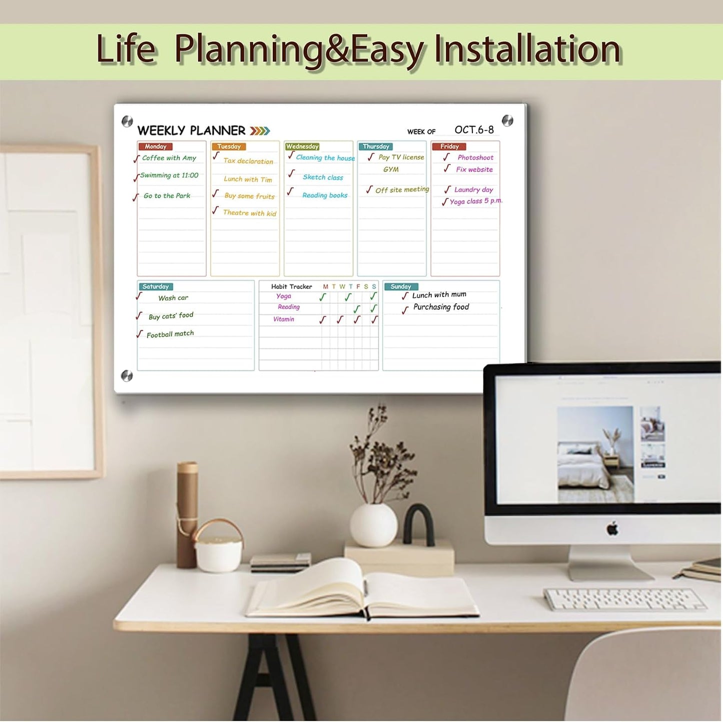 Glass Colorful Weekly Dry Erase Board for Wall,Weekly Planner Whiteboard for Wall 24"x18",Frameless Mounting,Medium Weekly Wall Calendar Dry Erase for Office/School/Home