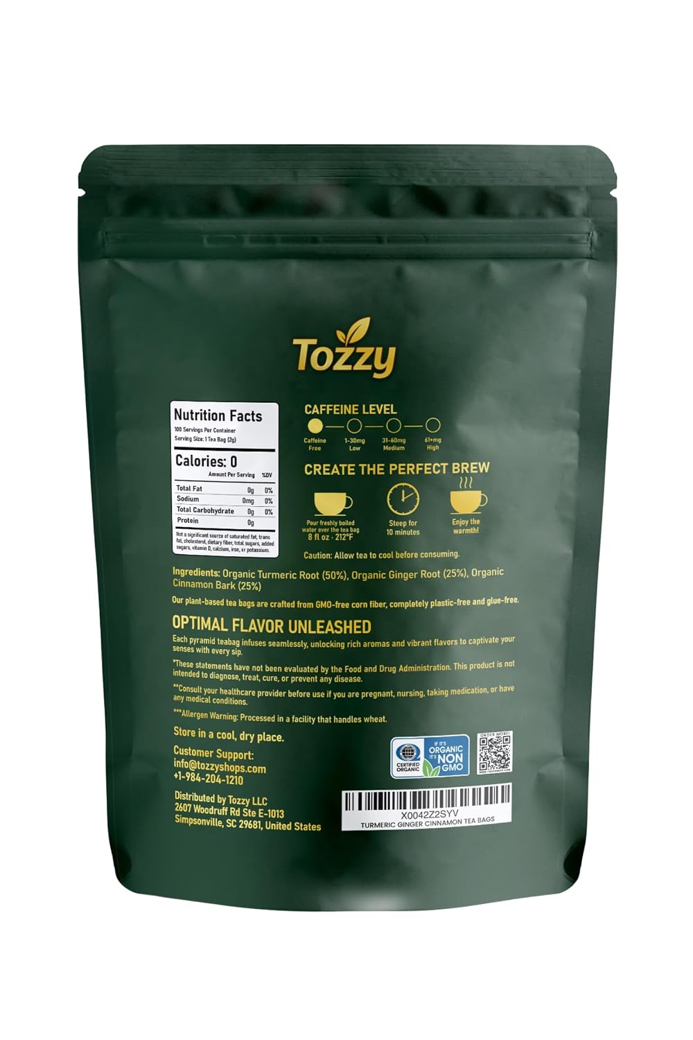Tozzy Organic Turmeric Ginger Cinnamon Tea, 100 Pyramid Tea Bags