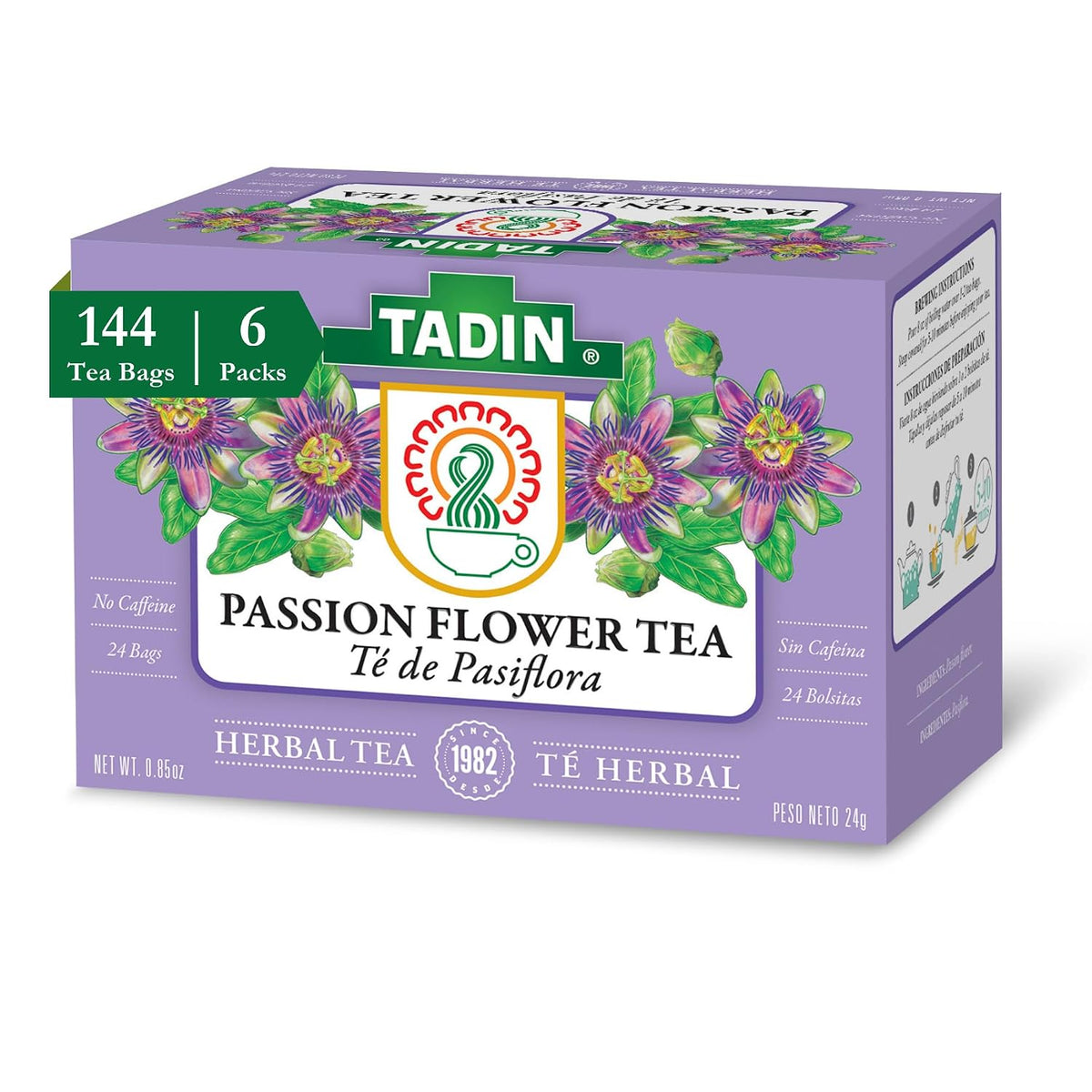 Tadin Passion Flower Herbal Tea, Caffeine Free, 24 Tea Bags Per Box, Pack of 6 Boxes Total