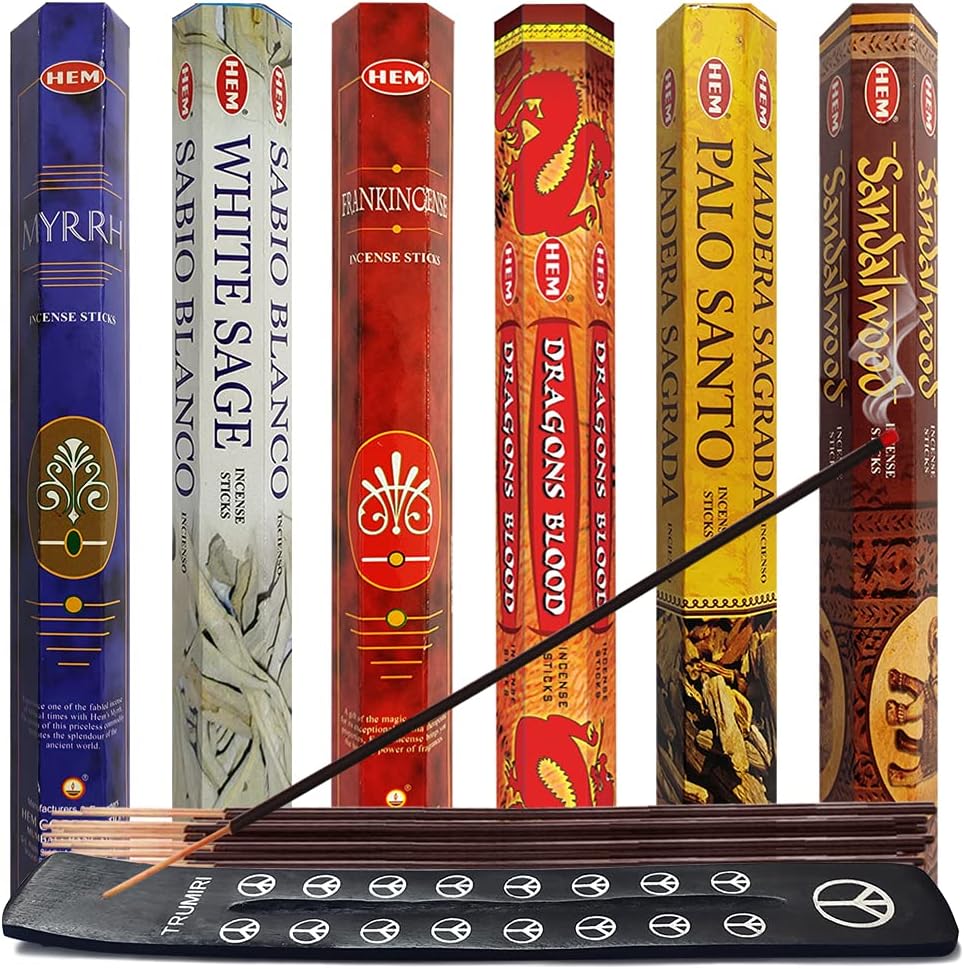 Hem Incense Sticks Variety Pack #23-120 Insence-Sticks (6 Incents x 20 Insense) + Incense Stick Holder with 6 Most Liked Scents Including Patchouli Dragons Blood White Sage Frankincense-Myrrh