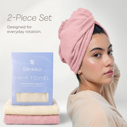 Microfiber Hair Towel Wrap for Women – Ultra Absorbent Quick Dry Turban | Button & Loop Design | Soft Lightweight Fabric | Reduces Frizz & Breakage | All Hair Types | Pink & Beige
