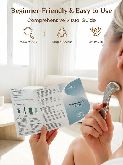 Rena Chris Gua Sha & Muscle Scraper Tool, Stainless Steel Face & Body Gua Sha Set for Lymphatic Drainage & Deep Tissue Massage, Travel Pouch & Guide Included (2-Piece Kit)
