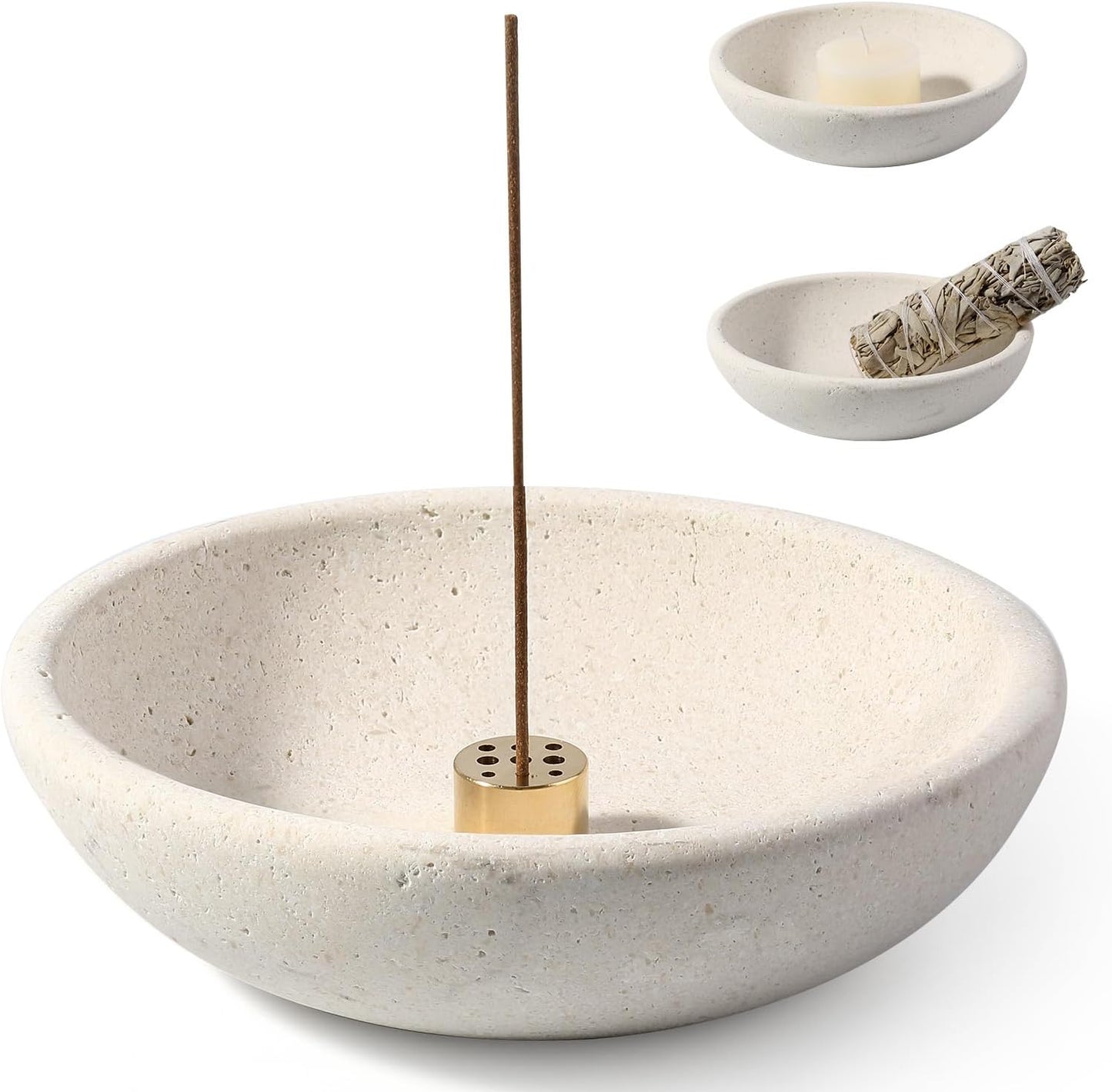 Koville Natural Marble Incense Holder, Incense Holder for Sticks with 9 Holes, Handmade Incense Burner Ash Catcher for Meditation Yoga SPA, Balsam Fir/Palo Santo/Sage/Cone (White)