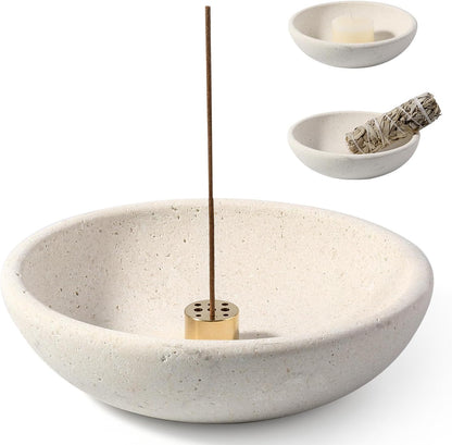 Koville Natural Marble Incense Holder, Incense Holder for Sticks with 9 Holes, Handmade Incense Burner Ash Catcher for Meditation Yoga SPA, Balsam Fir/Palo Santo/Sage/Cone (White)