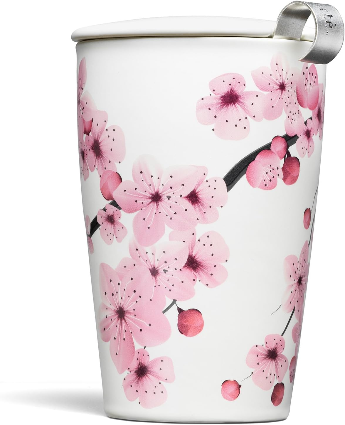 Tea Forte Double-Walled Ceramic Kati Cup, Removable Stainless Steel Infuser Basket and Lid, Steeps 12 oz Loose Leaf Tea, Dishwasher & Microwave Safe, Cherry Blossom