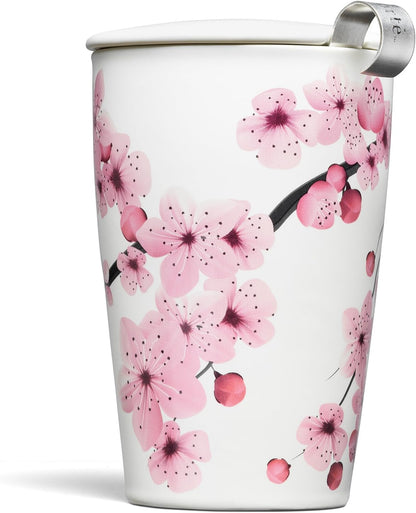 Tea Forte Double-Walled Ceramic Kati Cup, Removable Stainless Steel Infuser Basket and Lid, Steeps 12 oz Loose Leaf Tea, Dishwasher & Microwave Safe, Cherry Blossom