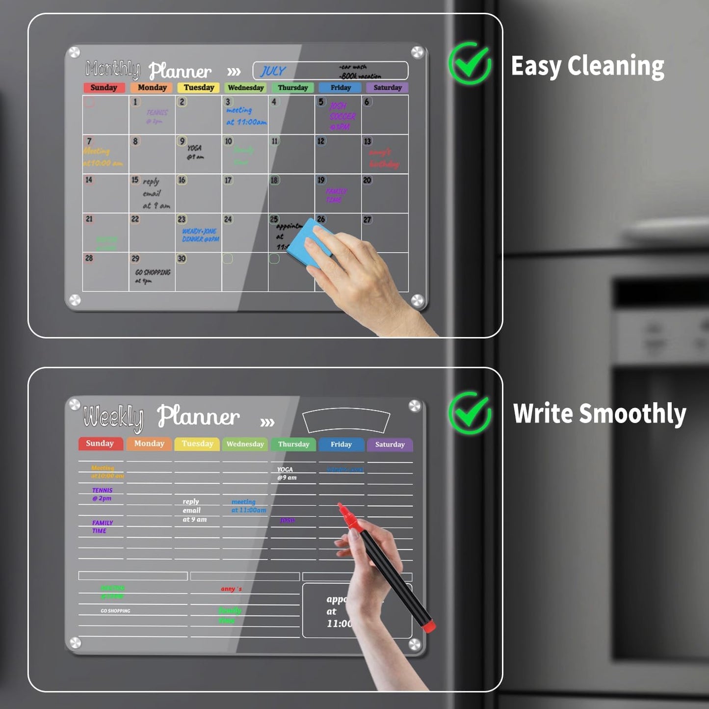 Hivillexun Magnetic Black Dry Erase Calendar White Board Set (3-Pack) - Monthly, Weekly Planners & Daily Notepad for Fridge, Home & Office, Includes 8 Markers