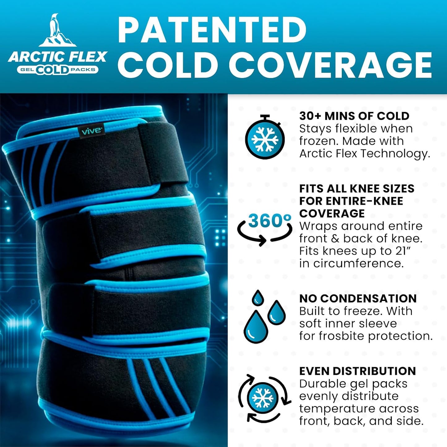 Vive Knee Ice Pack Wrap - Cold/Hot Gel Compression Brace - Heat Support Strap for Arthritis Pain, Tendonitis, ACL, Athletic Injury, Osteoarthritis, Women, Men, Running, Meniscus and Patella Surgery