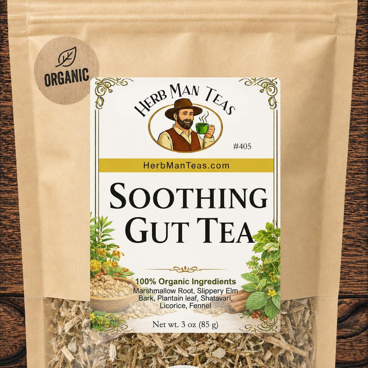 SOOTHING GUT TEA - Slippery Elm, Marshmallow Root, Fennel - Protects the stomach lining & builds the intestinal mucous for happy intestine - Organic Loose Leaf formulated by master herbalist Khabir